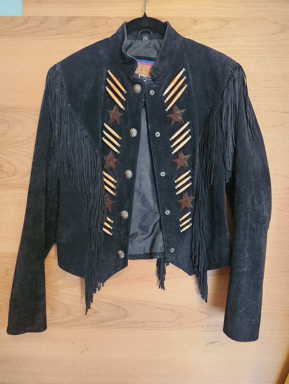 VINTAGE CRIPPLE CREEK BLACK SUEDE LEATHER WESTERN FRINGE BONE BEAD JACKET MEDIUM - Picture 5 of 14
